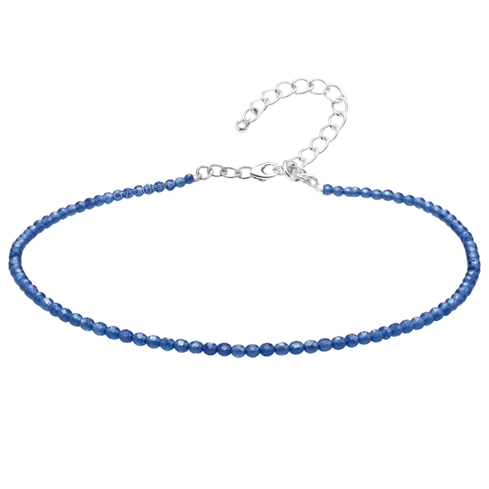 Dark Blue Chalcedony Anklet - 2mm Faceted Beads (Silver)