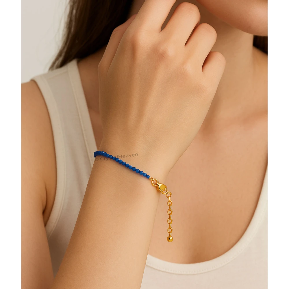 Dark Blue Chalcedony Bracelets - 2mm Faceted Beads (Gold)