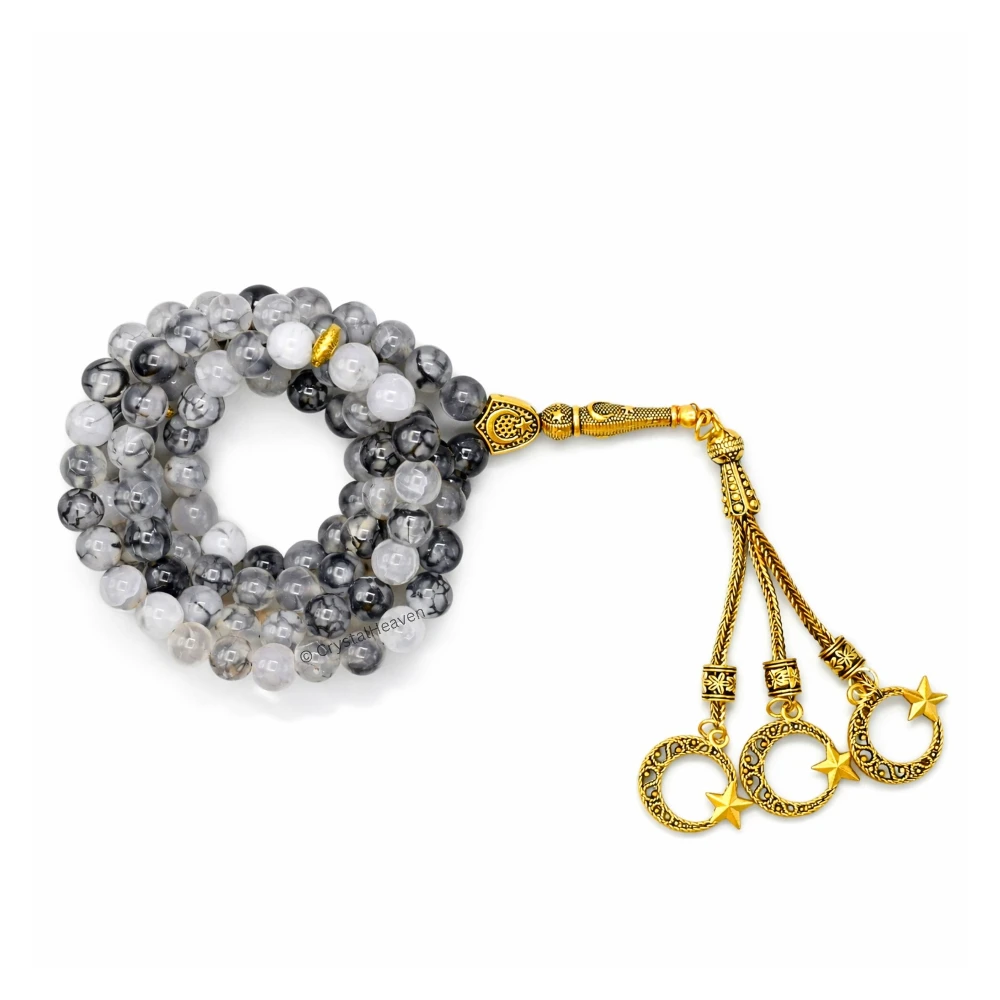 Dragon Vein Agate Crystal Tasbih (Gold)