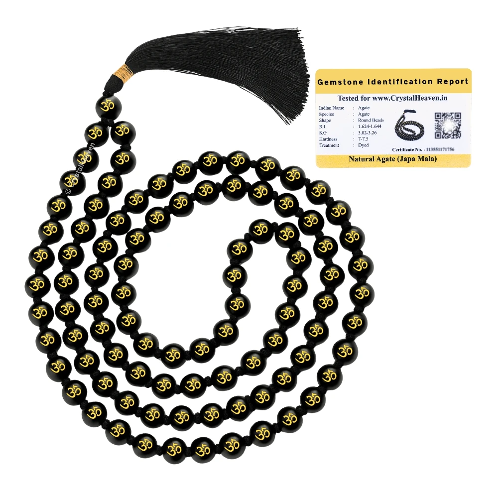 Black Agate Japa Mala (Om) (Hand Knotted)