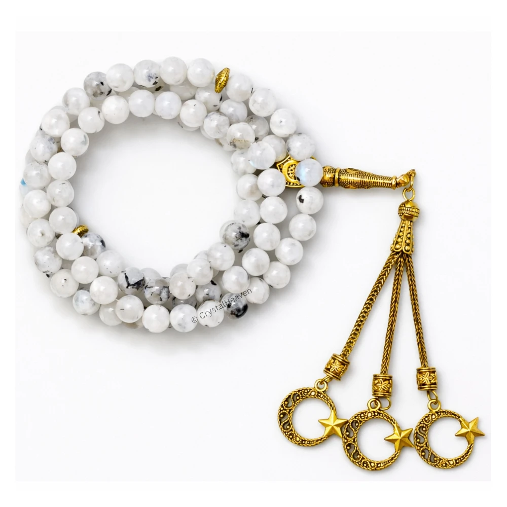 Rainbow Moonstone Crystal Tasbih (Gold)