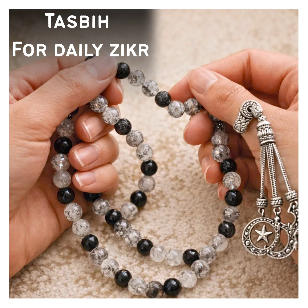 Black Rutilated Quartz Crystal Tasbih (Silver)