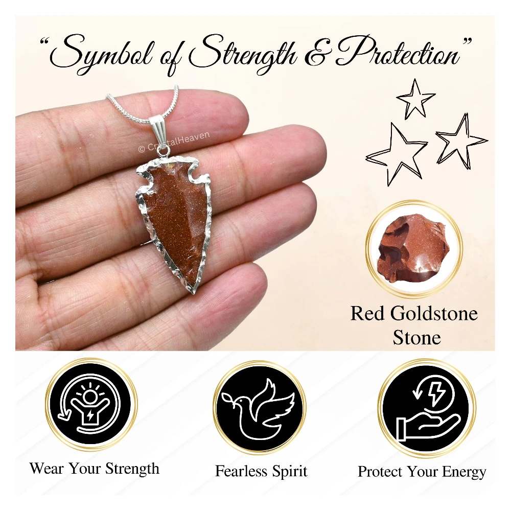 Red Goldstone Arrow Head Pendant - Silver Plated