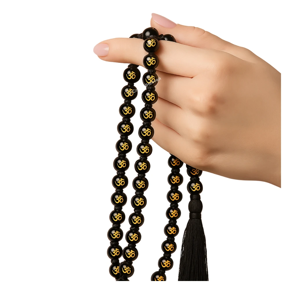 Black Agate Japa Mala (Om) (Hand Knotted)