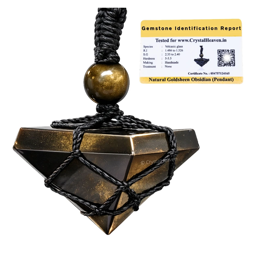 Golden Sheen Obsidian Pyramid Macrame Pendant Necklace