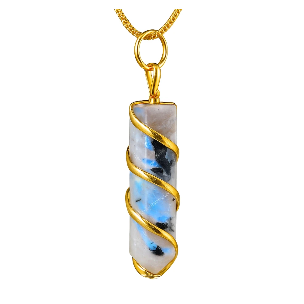 Rainbow Moonstone Necklace - Spiral Pencil Point (Gold)