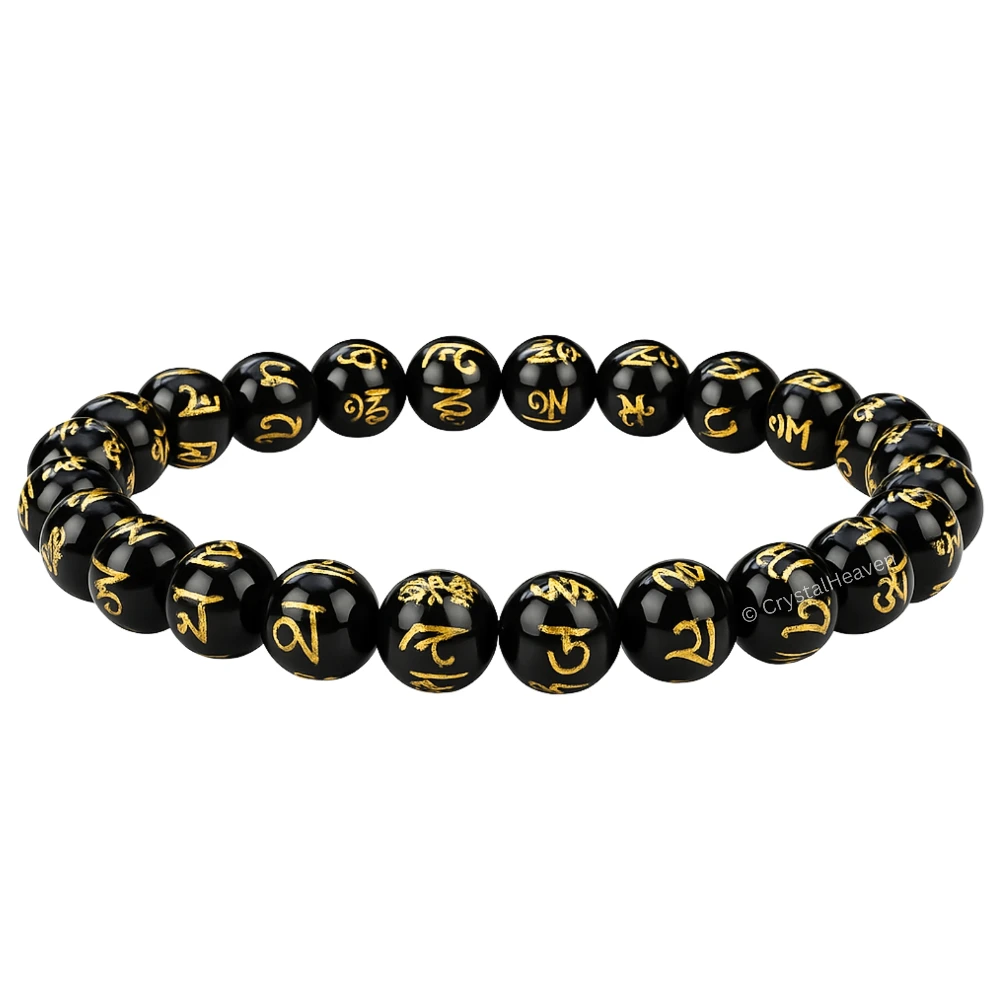 Black Agate OM Mani Padme Hum Bracelet (Elastic)