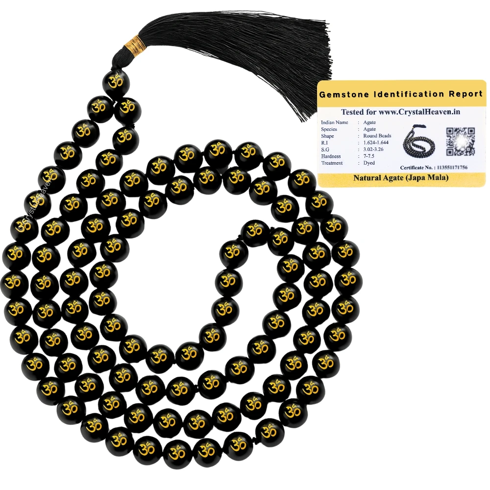 Black Agate Japa Mala (Om) (Without Knotted)