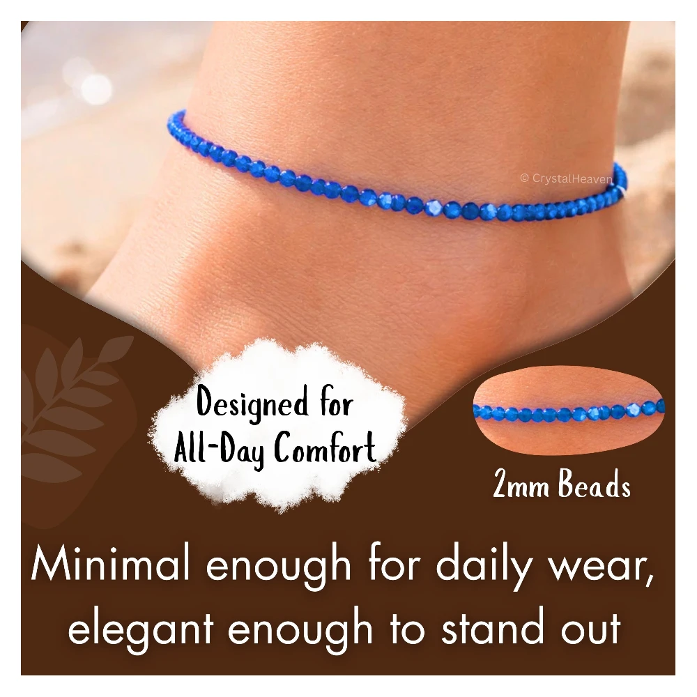 Royal Blue Chalcedony Anklet - 2mm Faceted Beads (Silver)
