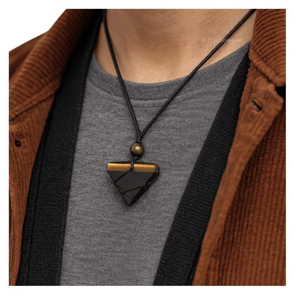 Golden Sheen Obsidian Pyramid Macrame Pendant Necklace