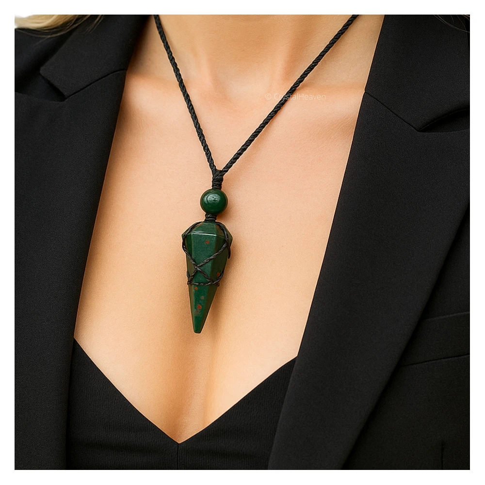Bloodstone Pendulum Pendant Necklace (Macrame)