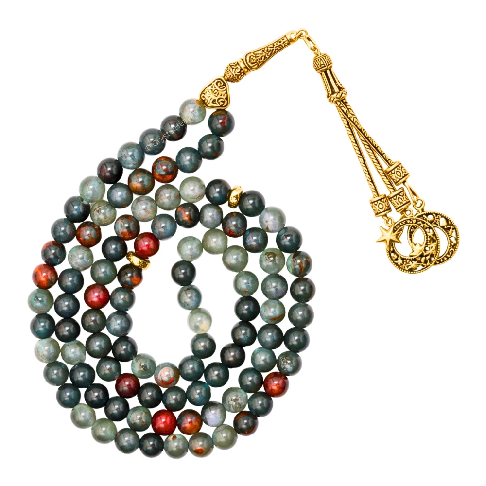 African Bloodstone Crystal Tasbih (Gold)