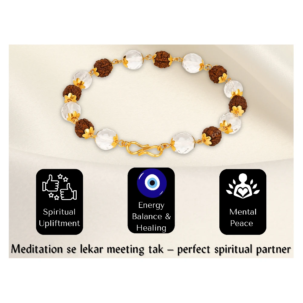 Faceted Sphatik Crystal and Rudraksha Bracelet (Gold Chain)