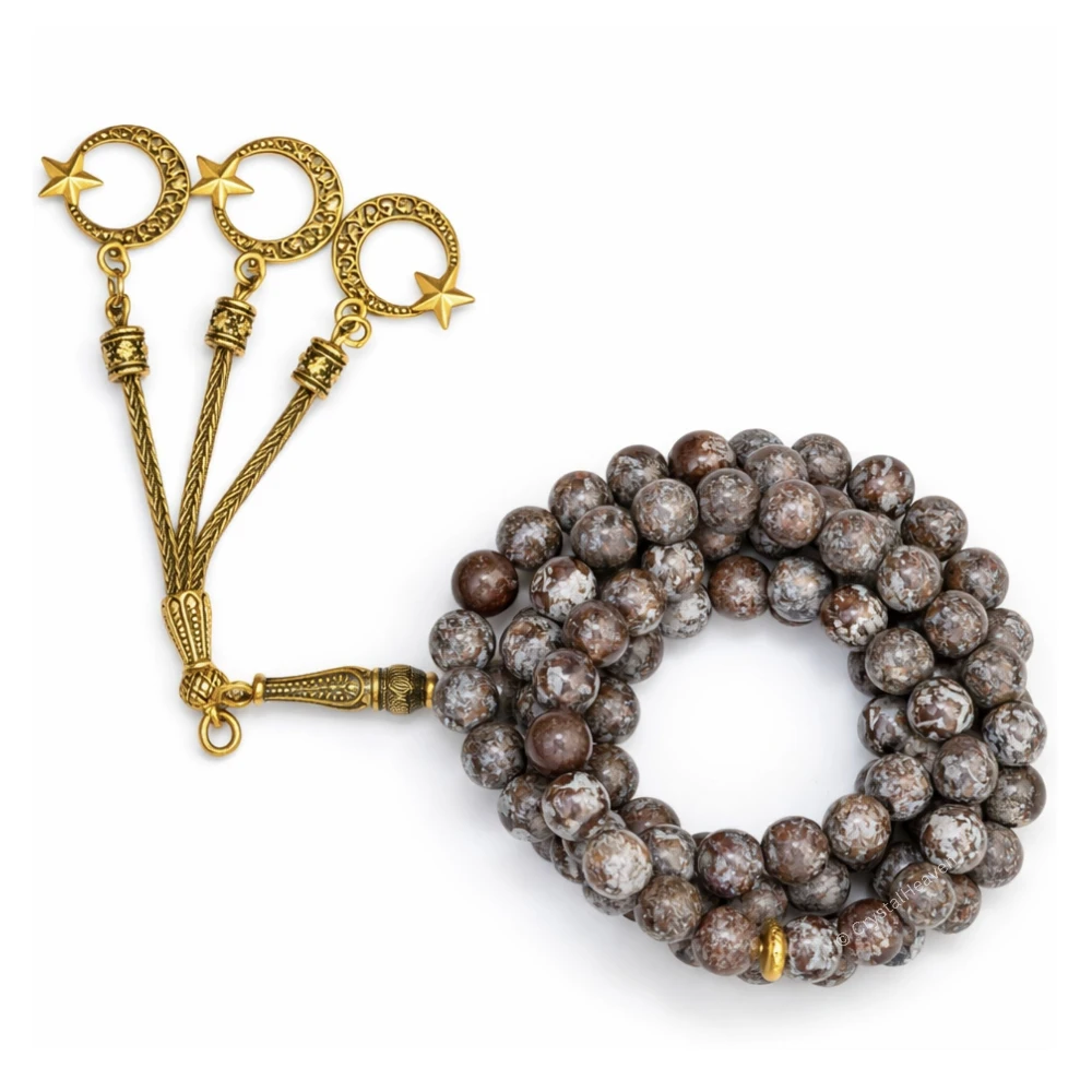Brown Snowflake Obsidian Crystal Tasbih (Gold)