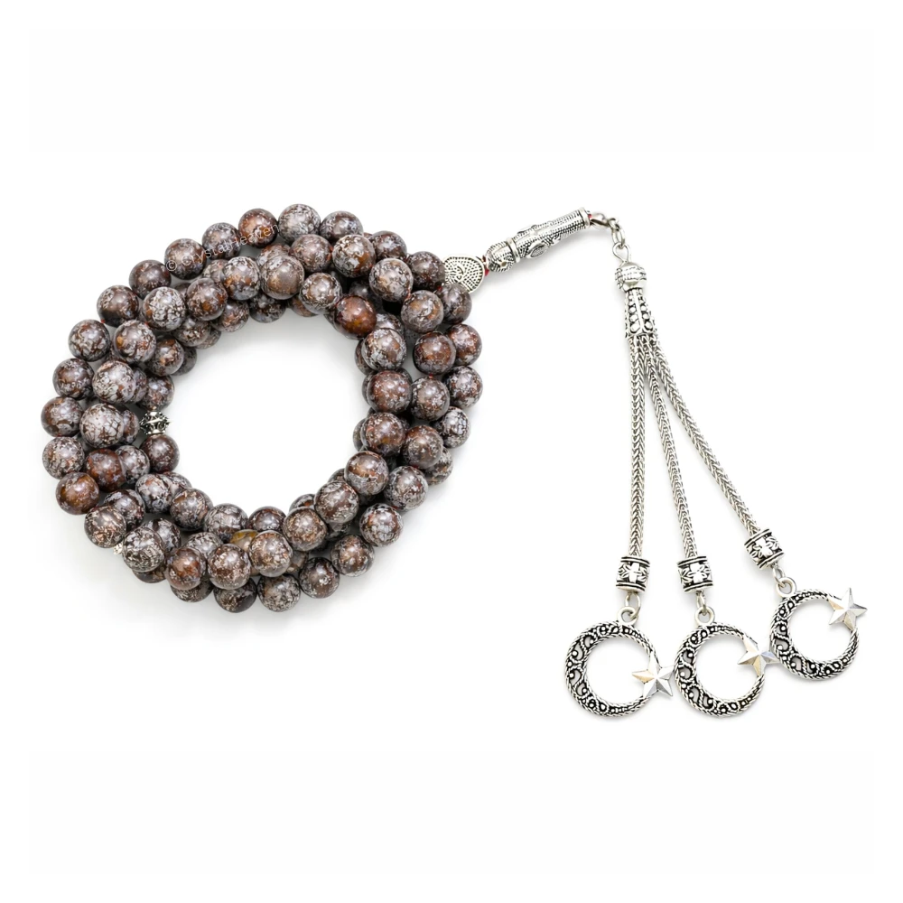 Brown Snowflake Obsidian Crystal Tasbih (Silver)