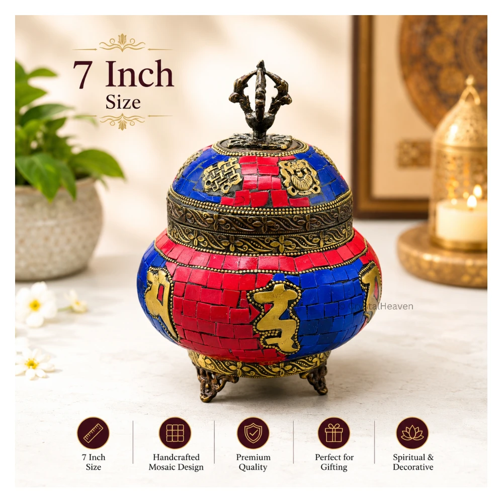 Tibetan Style Brass Decorative Container Box (662 Gram, 7 Inch)
