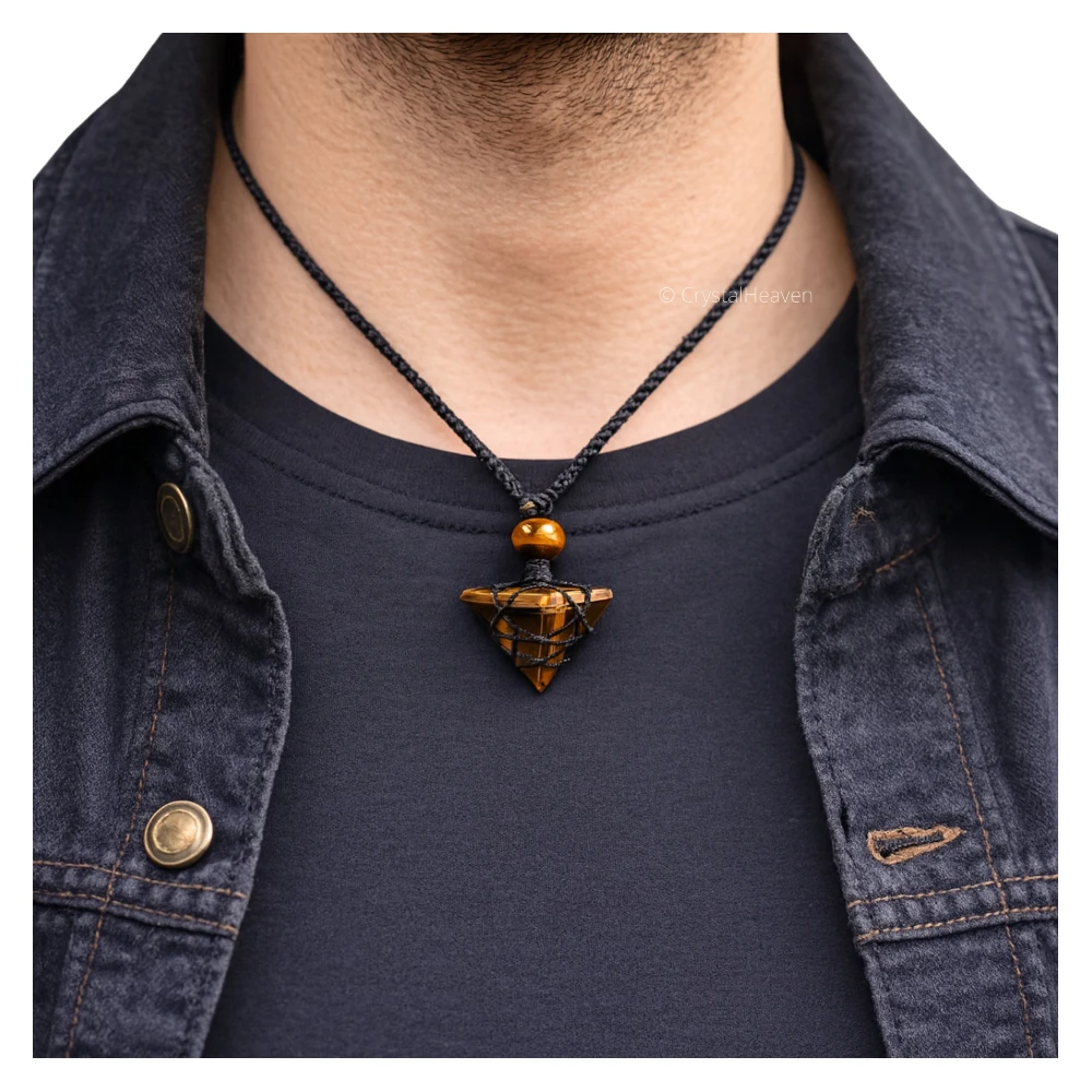 Tiger Eye Pyramid Macrame Pendant Necklace