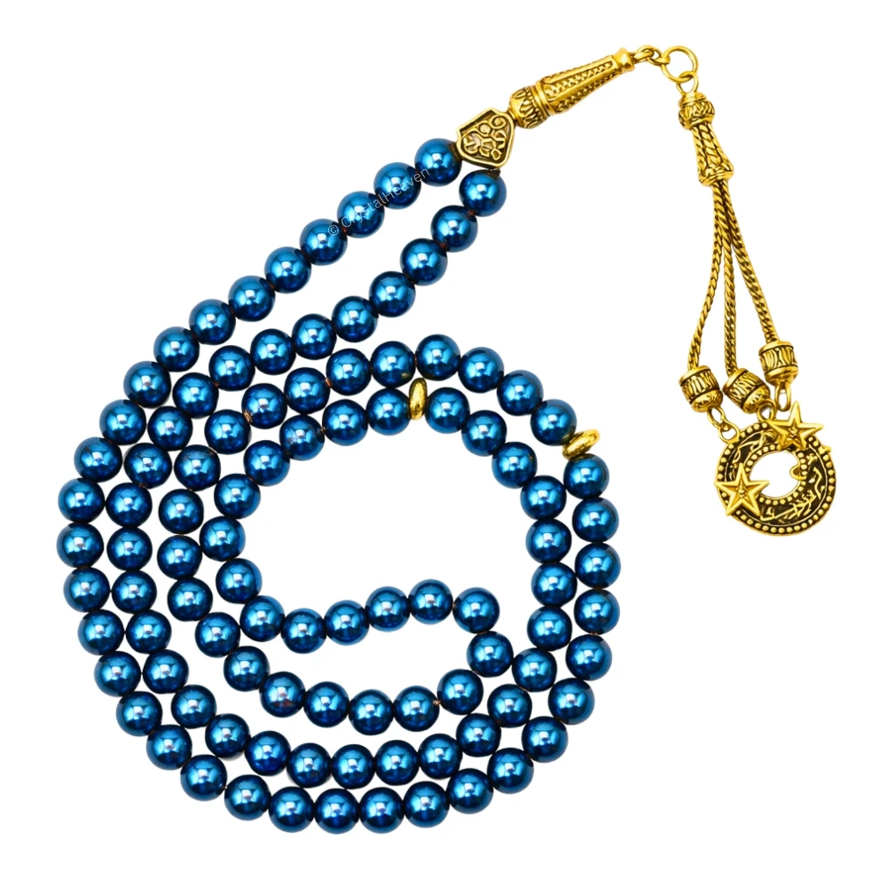 Blue Hematite Crystal Tasbih (Gold)