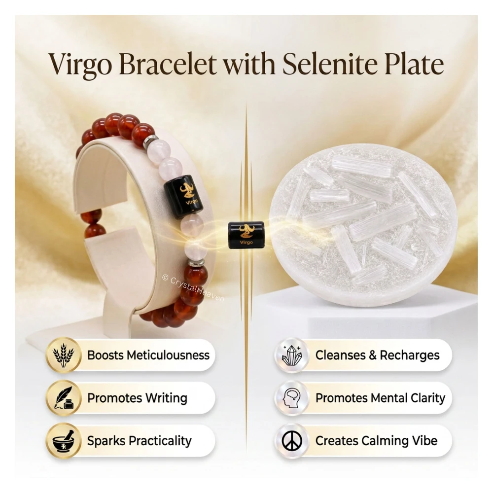 Virgo Bracelet (कन्या राशि) - Carnelian & Milky Quartz (With Selenite Plate)