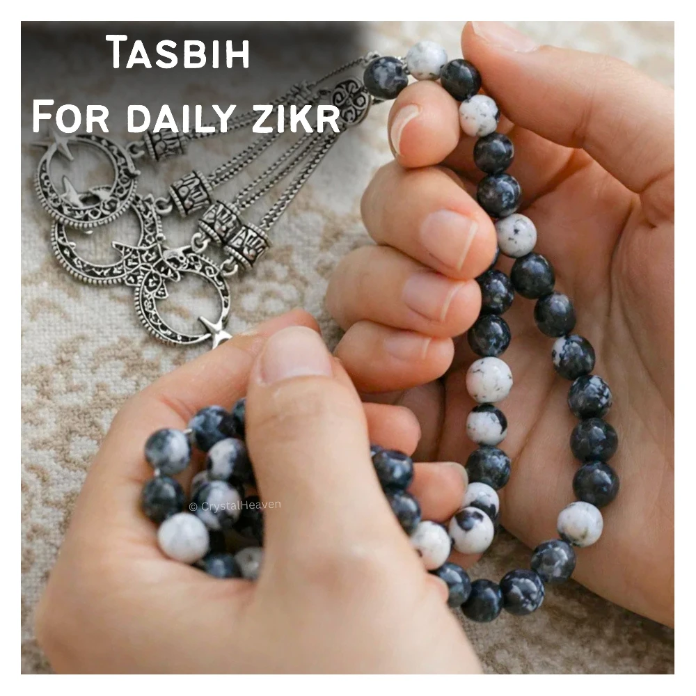 Black and White Jasper Crystal Tasbih (Silver)
