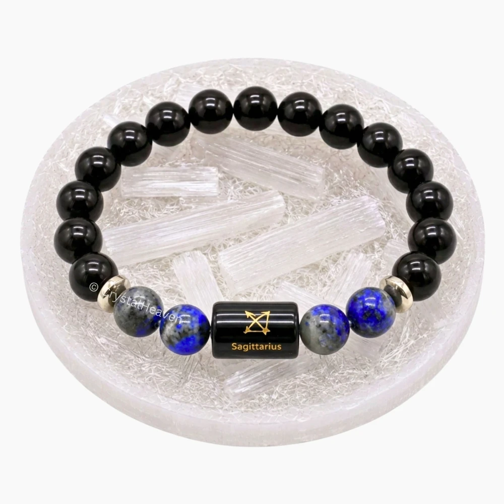 Sagittarius Bracelet (धनु राशि) - Black Obsidian & Lapis Lazuli (With Selenite Plate)