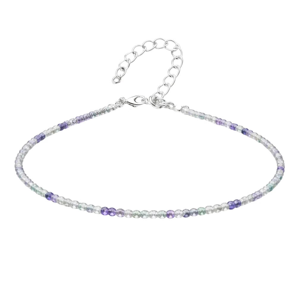 Green Fluorite Anklet - 2mm Faceted Beads (Silver)