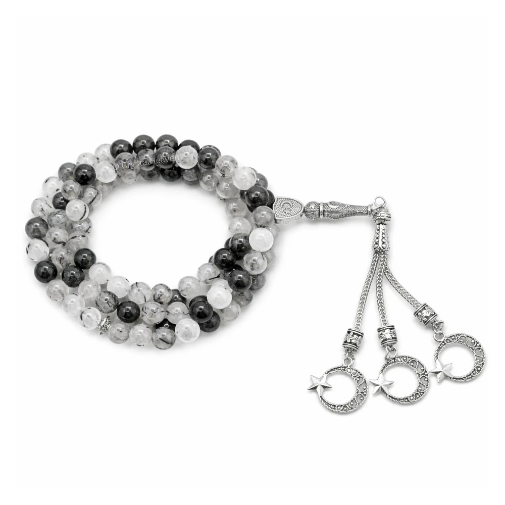 Black Rutilated Quartz Crystal Tasbih (Silver)