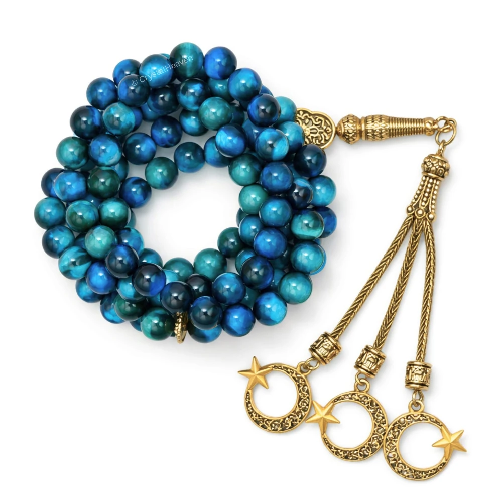 Light Blue Tiger Eye Crystal Tasbih (Gold)