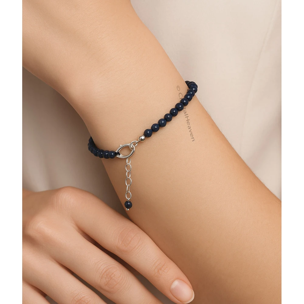 Blue Sunstone Dyed Bracelets - 2mm Faceted Beads (Silver)