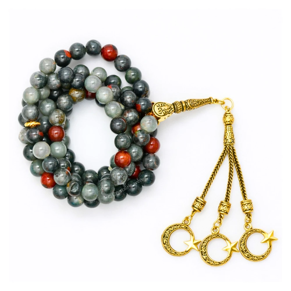 African Bloodstone Crystal Tasbih (Gold)