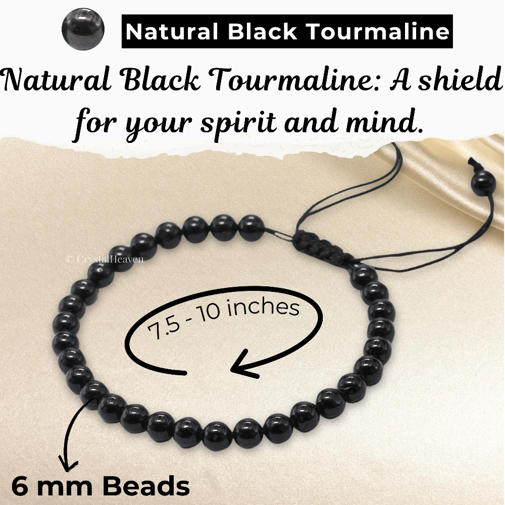 Black Tourmaline Healing Crystal Bracelets - 6mm Beads (Adjustable)