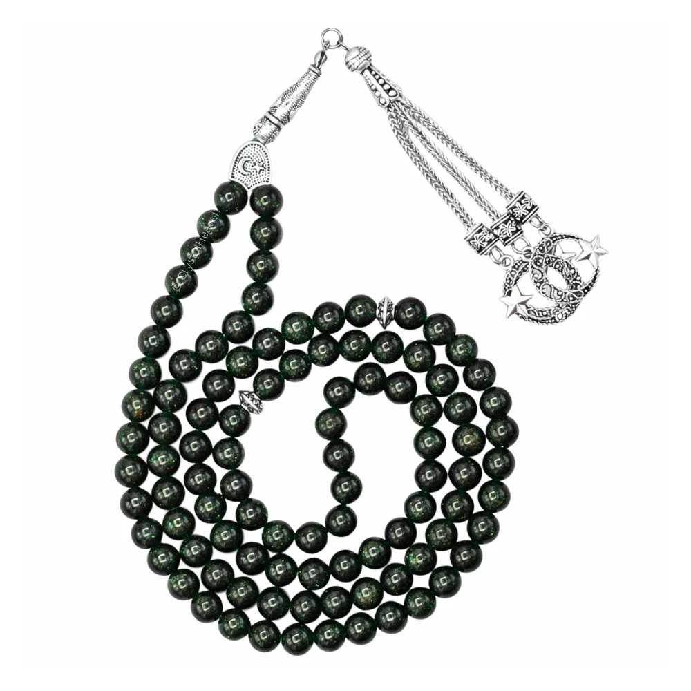 Green Goldstone Crystal Tasbih (Silver)