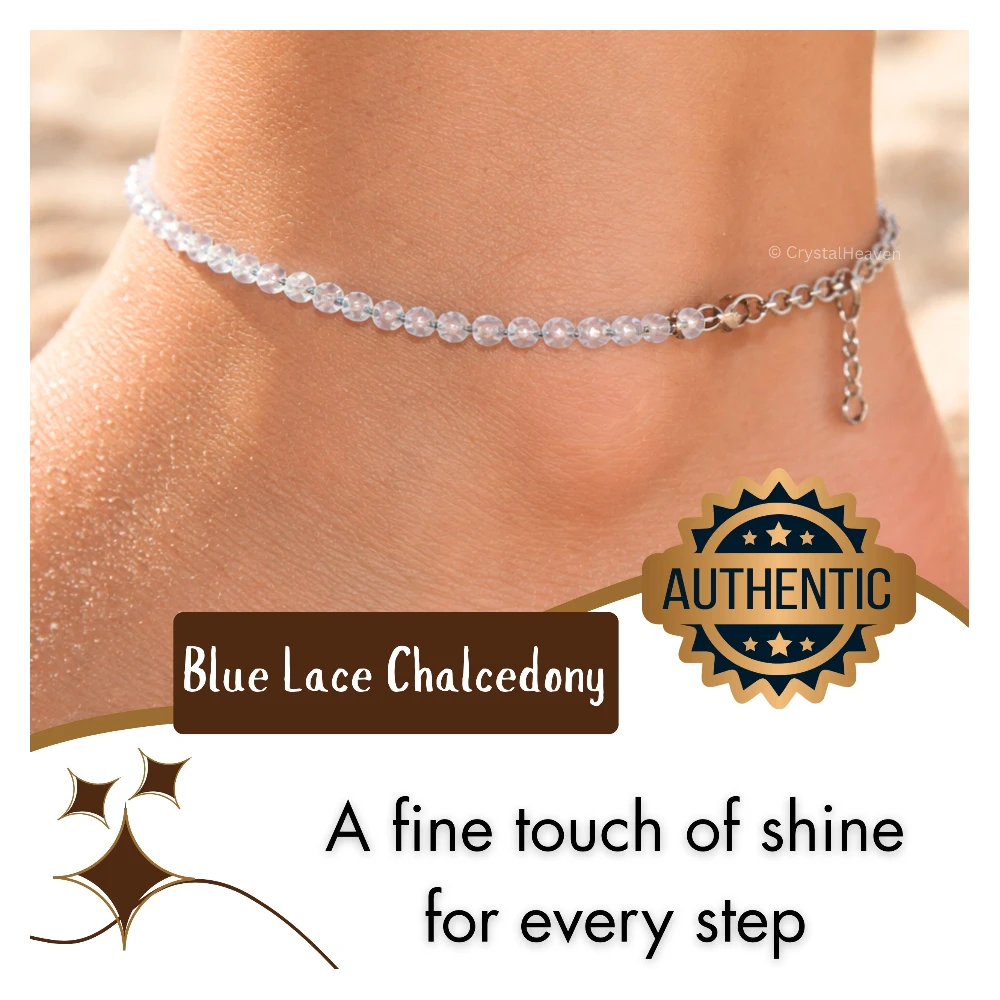 Blue Lace Chalcedony Anklet - 2mm Faceted Beads (Silver)