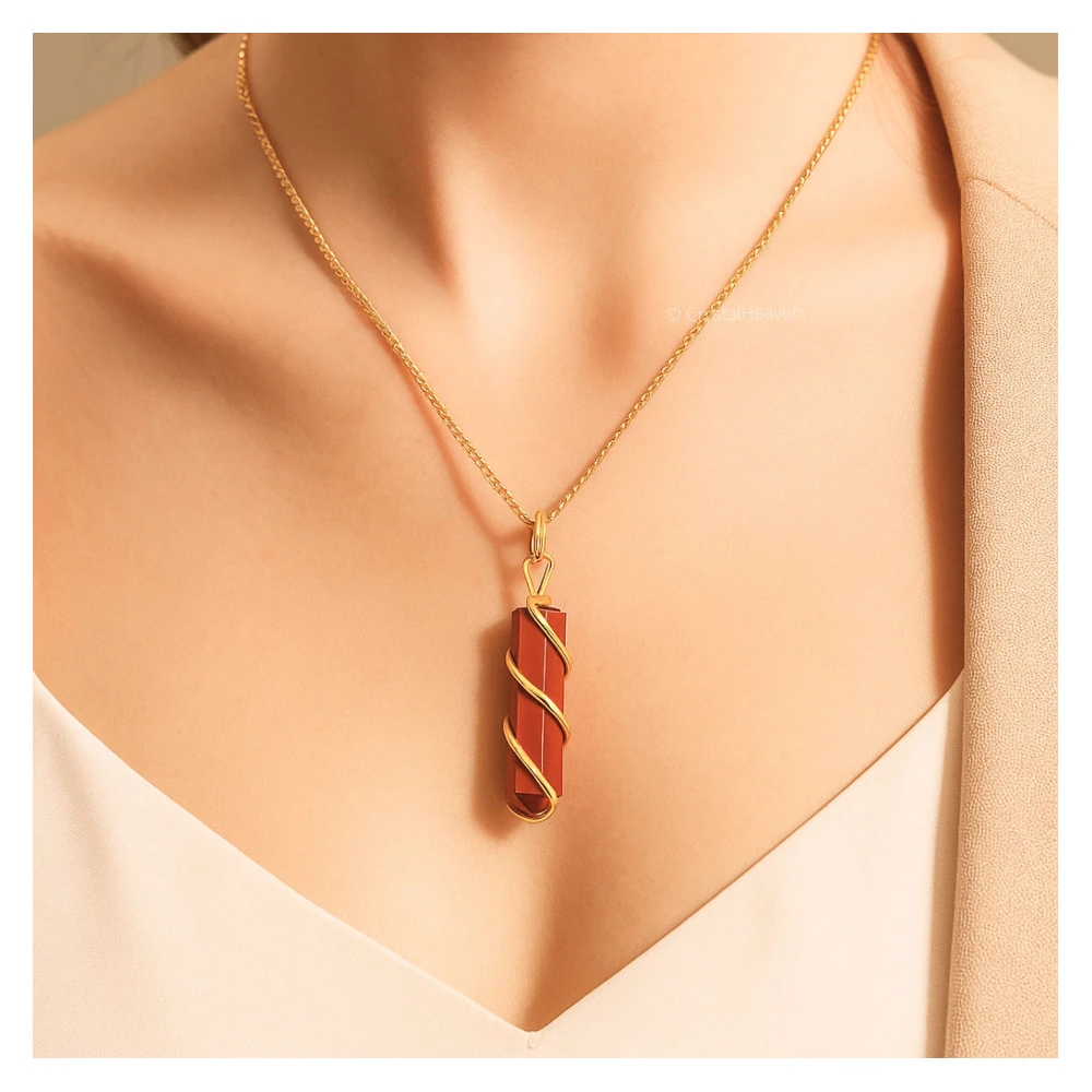 Red Jasper Necklace - Spiral Pencil Point (Gold)