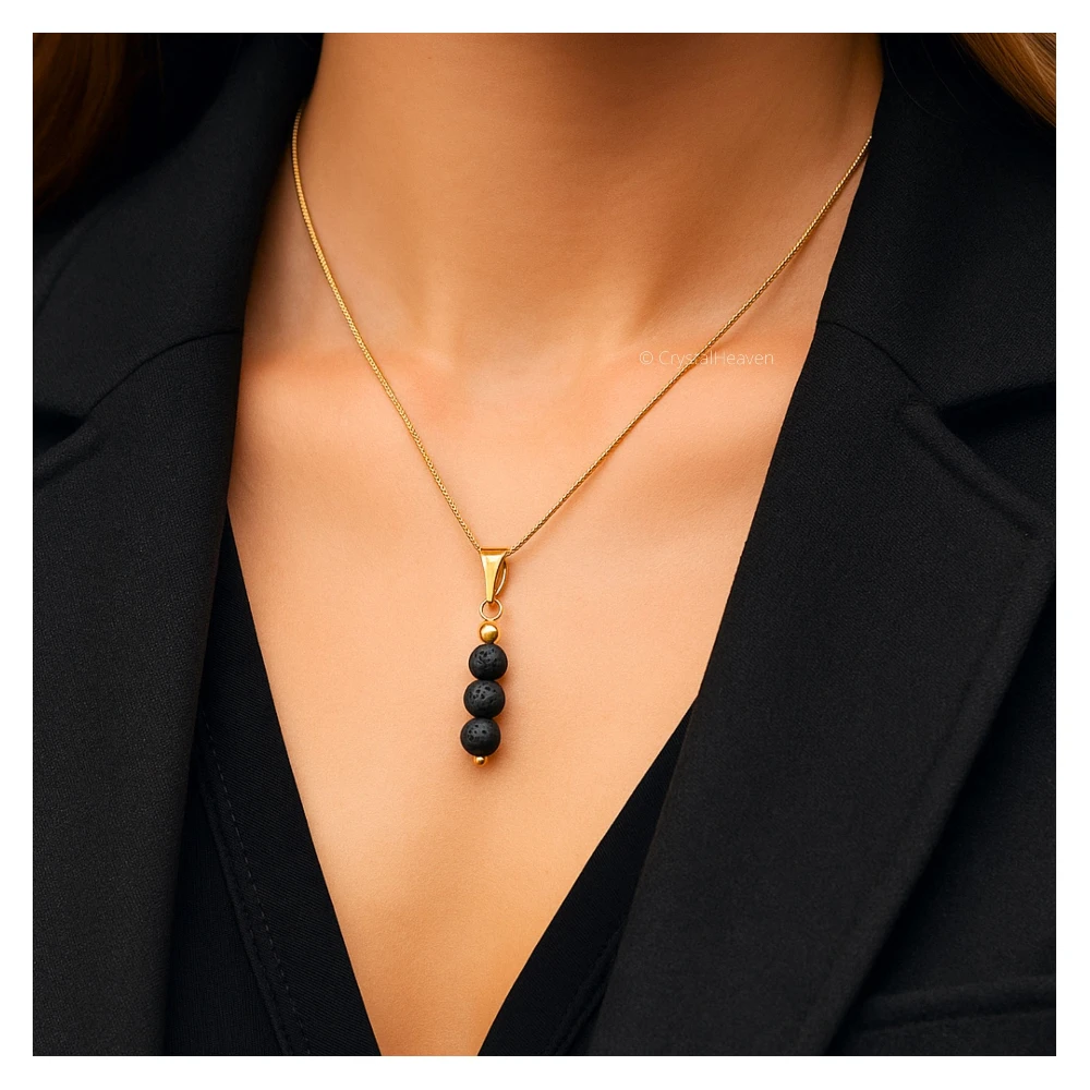 Lava Stone Crystal Bead Necklace (Gold)