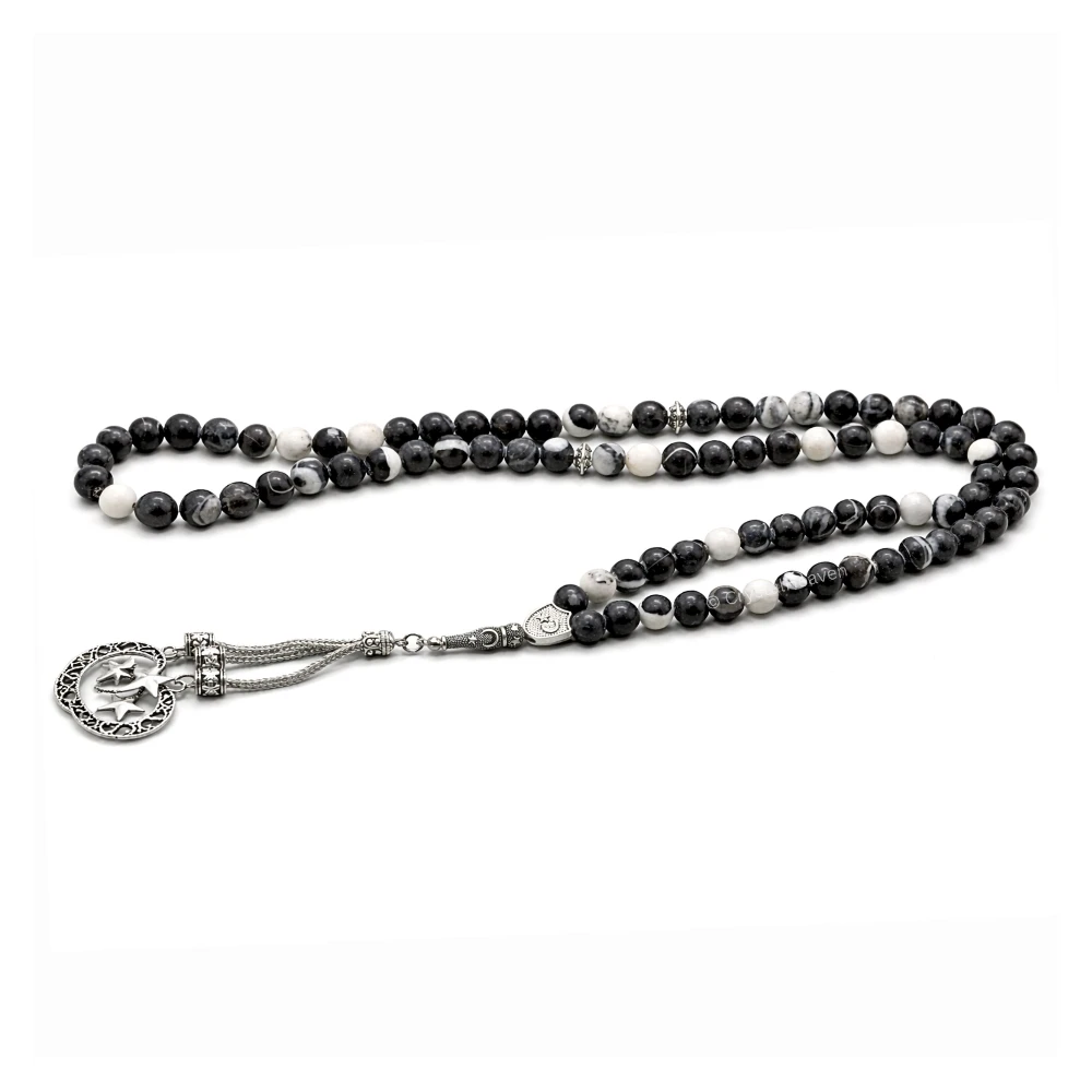 Black and White Jasper Crystal Tasbih (Silver)