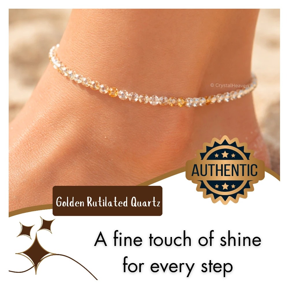 Golden Rutilated Quartz Anklet - 2mm Faceted Beads (Silver)
