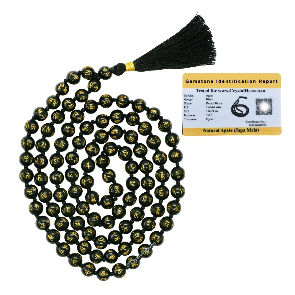 Black Agate Om Mani Padme Hum Japa Mala (Hand Knotted)