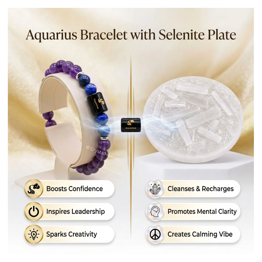 Aquarius Bracelet (कुंभ राशि) - Amethyst & Lapis Lazuli (With Selenite Plate)
