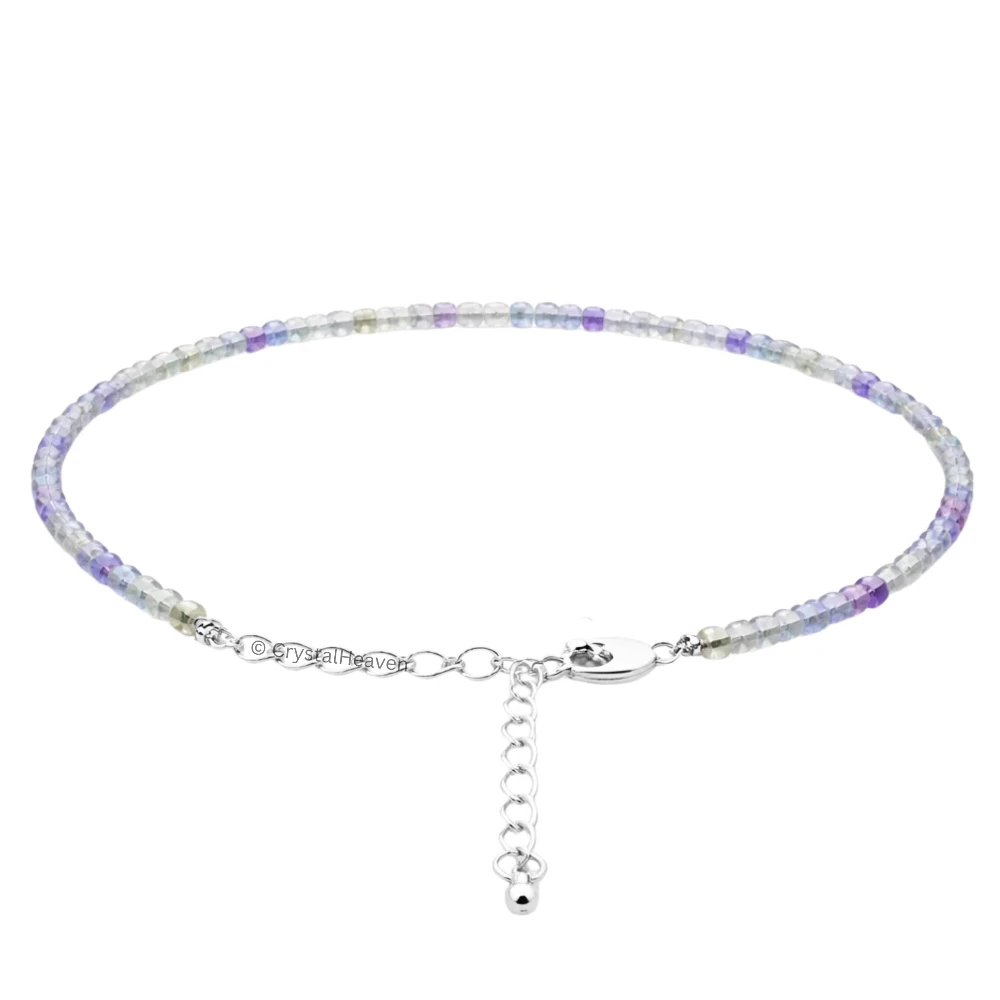 Green Fluorite Anklet - 2mm Faceted Beads (Silver)
