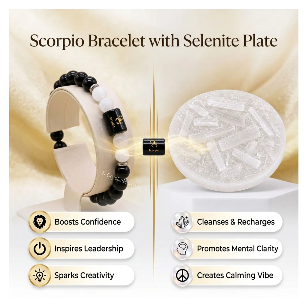 Scorpio Bracelet (वृश्चिक राशि) - Black Obsidian & Milky Quartz (With Selenite Plate)