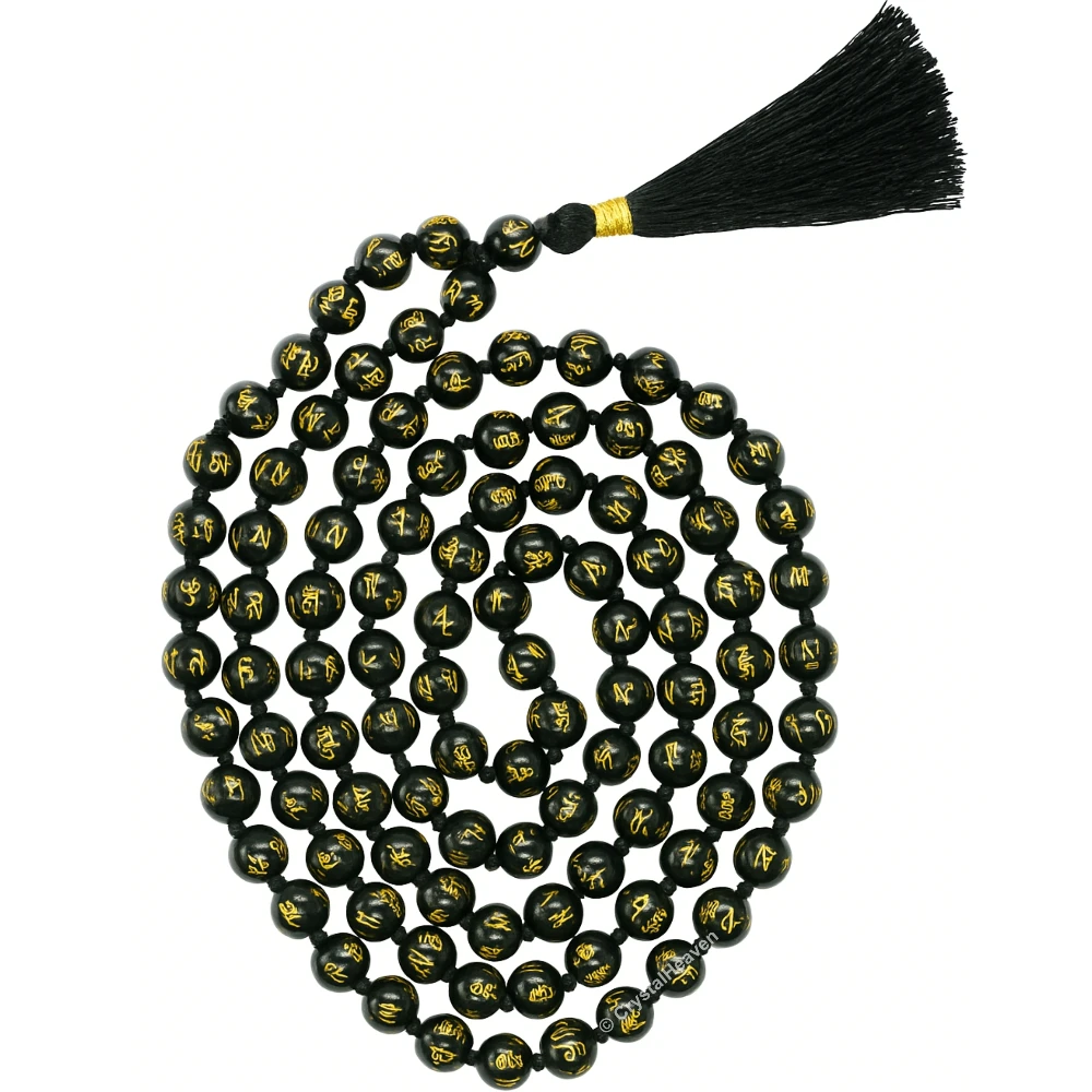 Black Agate Om Mani Padme Hum Japa Mala (Hand Knotted)