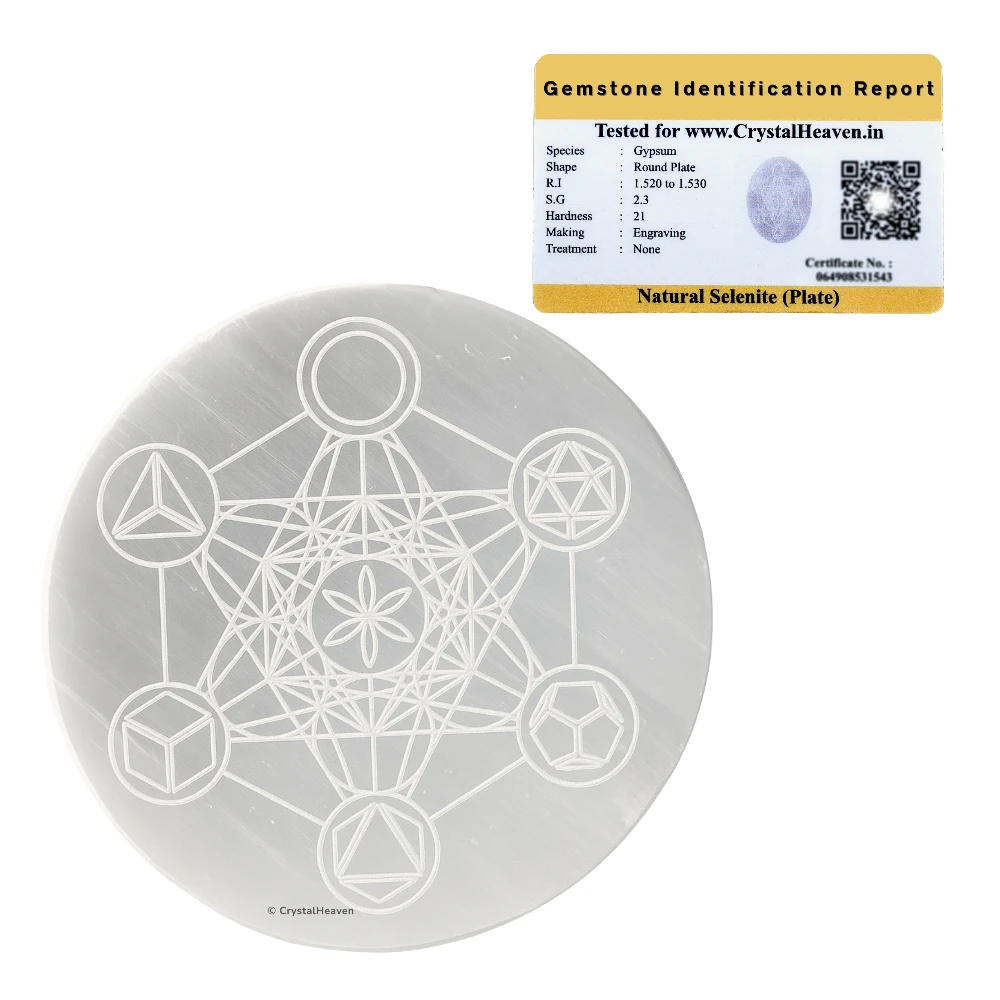 Selenite Charging Plate with Metatron Cube with Platonic Solid (4 Inch)