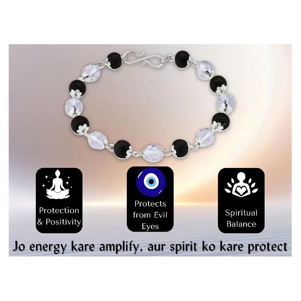 Faceted Sphatik Crystal and Karungali Bracelet (Silver Chain)