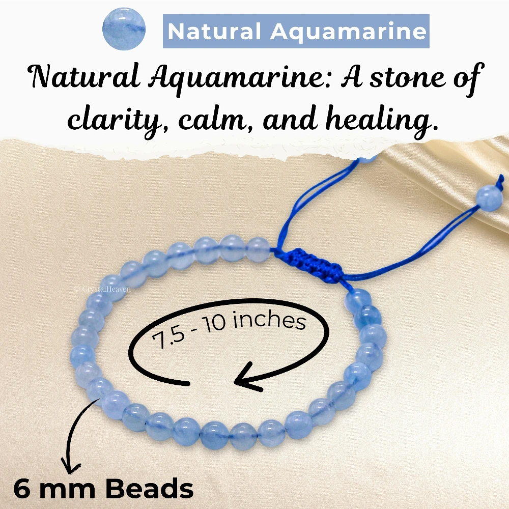 Aquamarine Healing Crystal Bracelets - 6mm Beads (Adjustable)