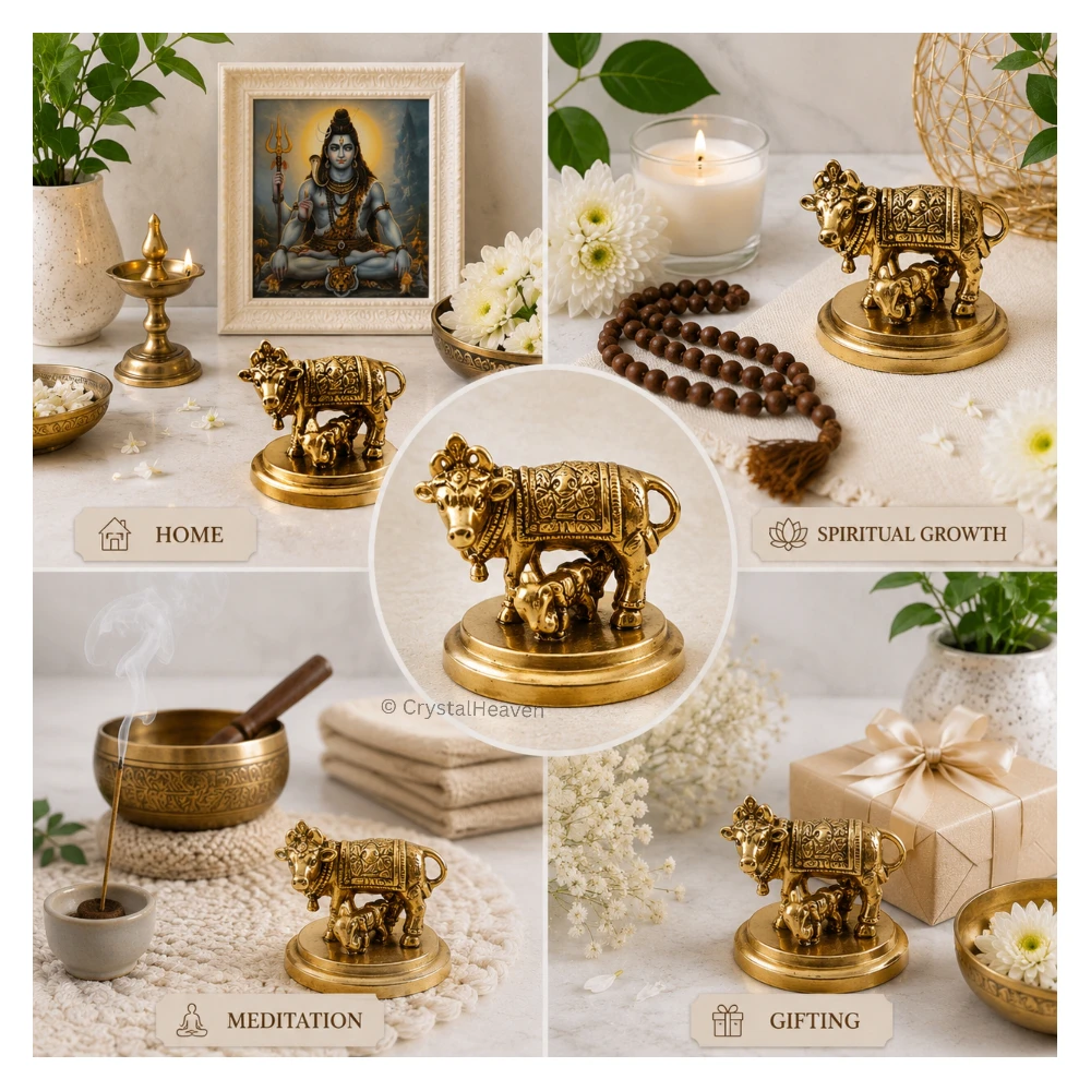 Kamdhenu Cow and Calf Bass Idol Figurine (227 Gram, 2.2 Inch)