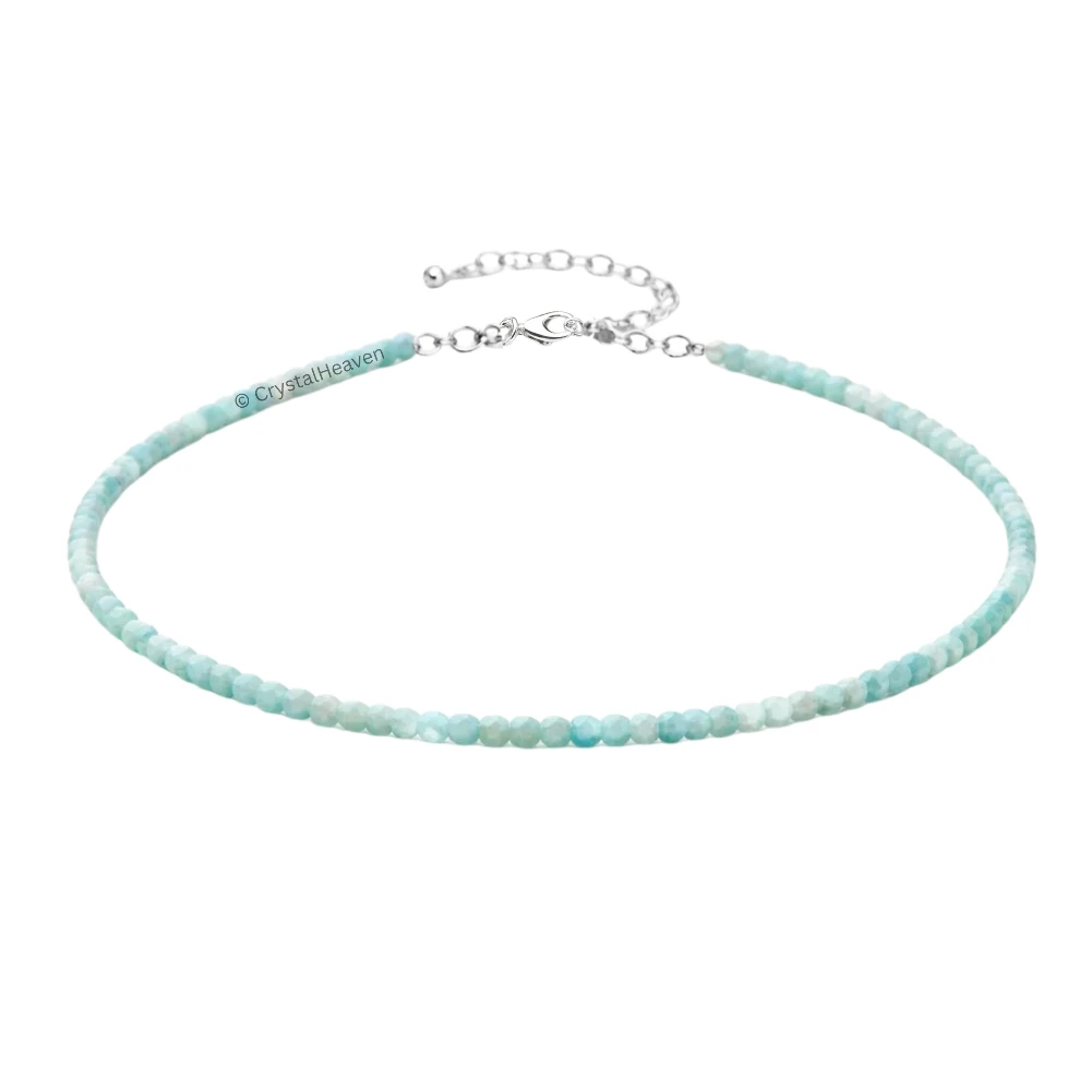 Aqua Chalcedony Anklet - 2mm Faceted Beads (Silver)