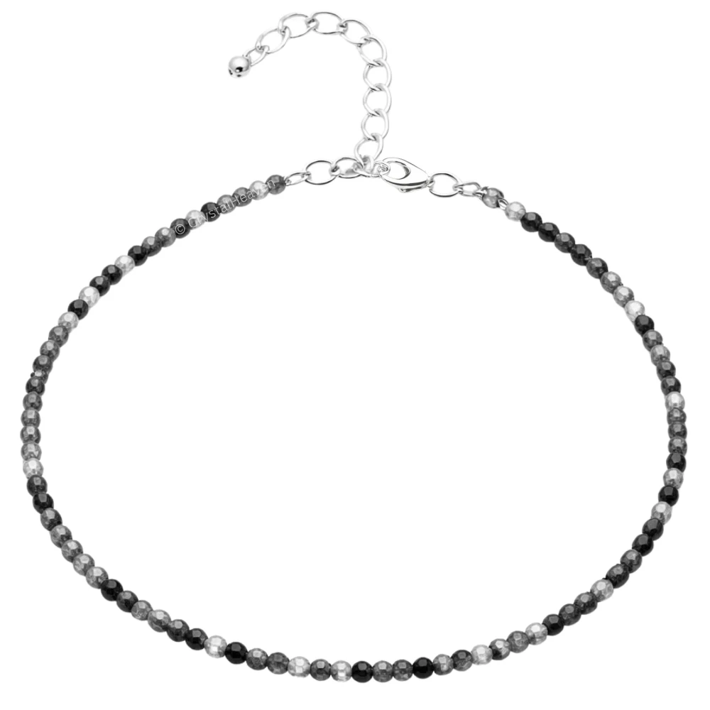 Black Rutilated Quartz Anklet - 2mm Faceted Beads (Silver)