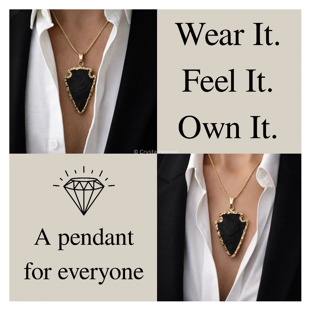 Black Agate Arrow Head Pendant - Gold Plated