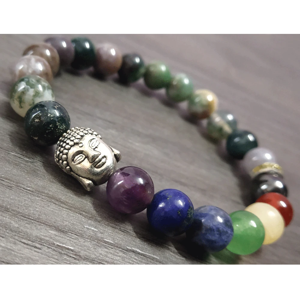 Moss Agate Chakra with Buddha Bracelet (Elastic)